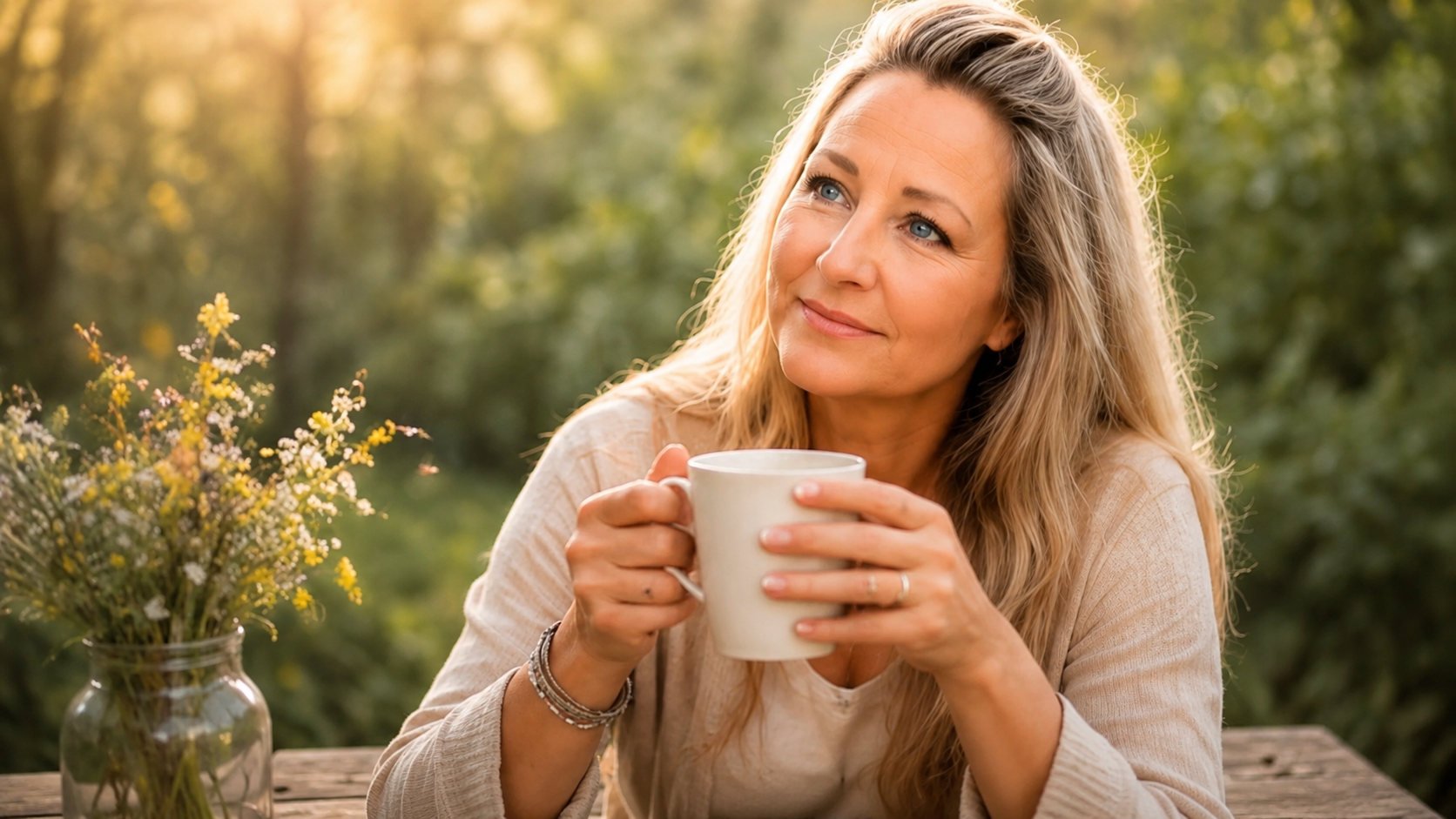 Anja Maria mit einer Tasse in ruhiger Atmosphäre